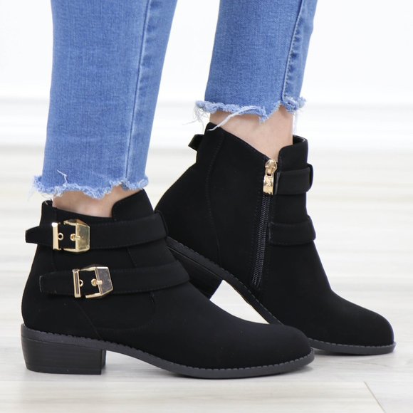 Shoes - Black Velvet Ankle Boots Gold Buckles Booties